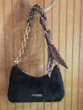Jessica Simpson Black Faux Fur Mini Bag with Gold Chain & Leopard Scarf Accent